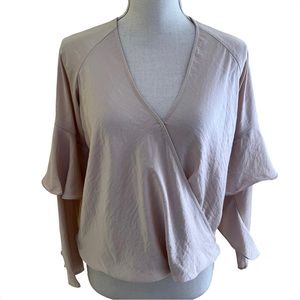 Express Tan/Cream Surplice Blouse with Ruffle Sleeve Details XS
